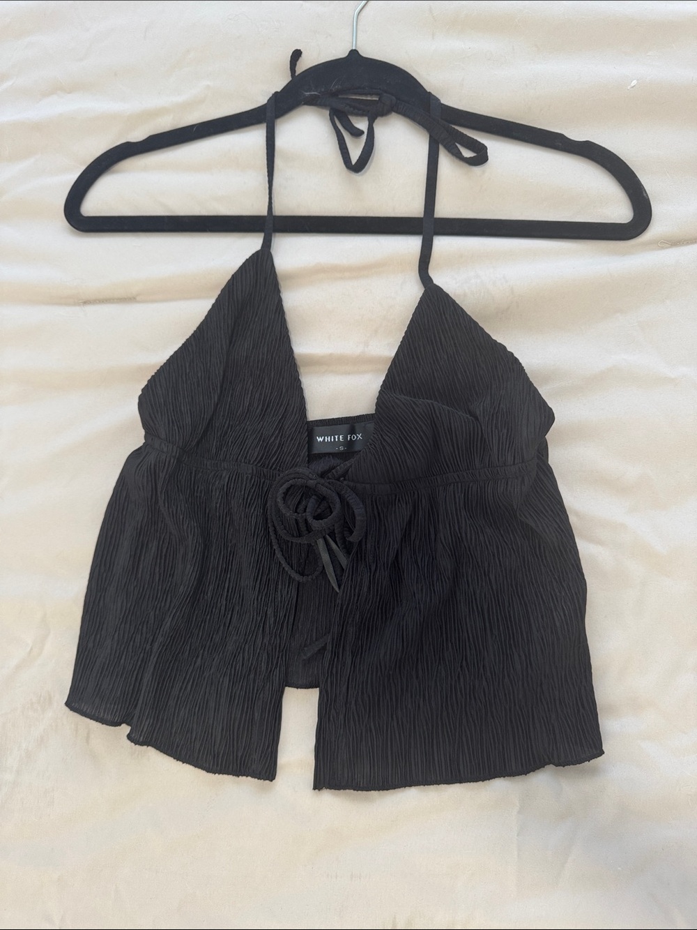 White Fox Black Crinkle Halter Crop Top